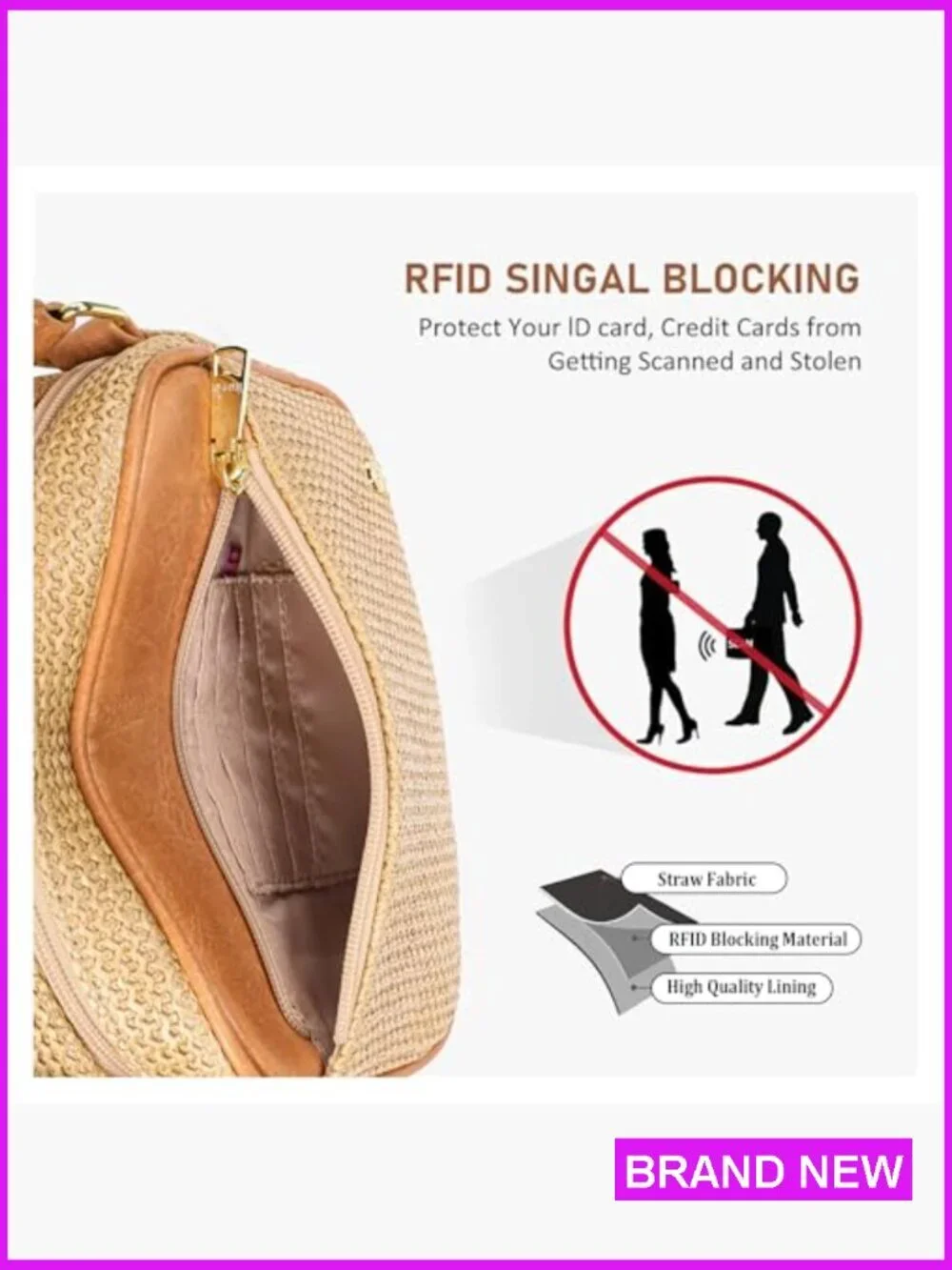 Faux Straw Crossbody Bag RFID Woven Beach Vacation Purse Summer Travel